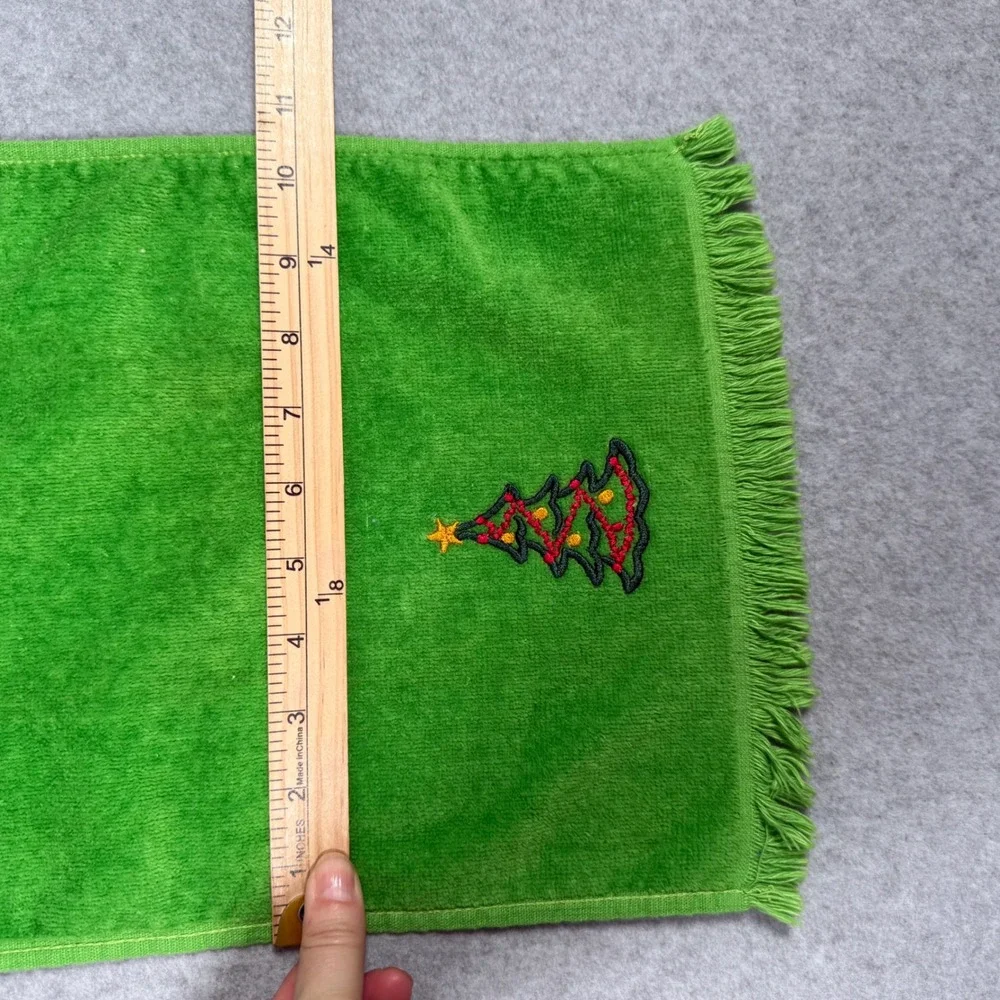 Vintage 70s Zodiac Green Christmas Tree Embroidered Cotton Hand Towel Fringe USA